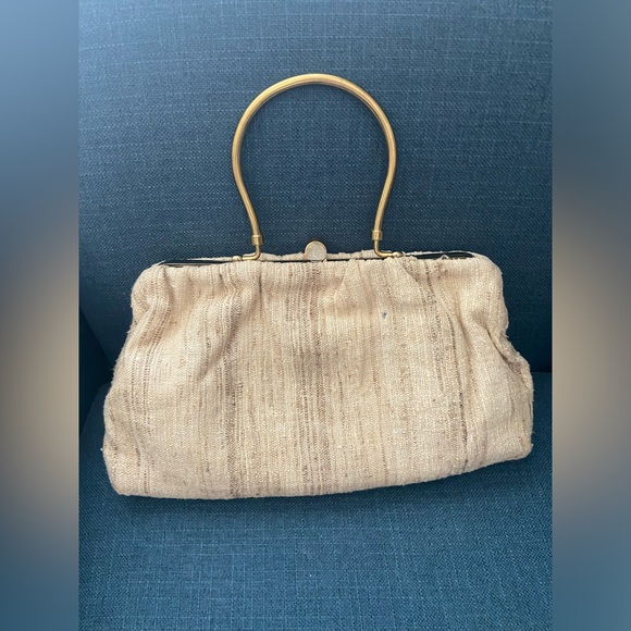 Vintage Tweed Gold Framed Top Handle Tan/Creams Handbag - Picture 5 of 14